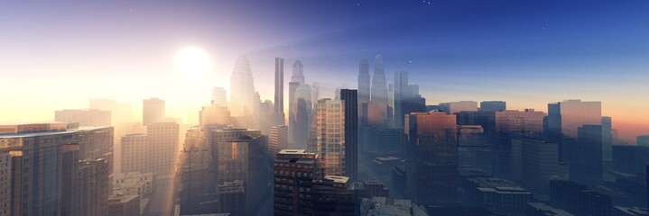 Modern city at sunrise, panorama of skyscrapers in the sunshine, modern high-rise buildings against the sky with the sun, 3D rendering © ustas