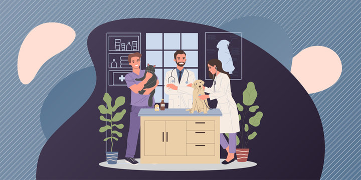 Veterinary office vector illustration. Happy friendly pets doctors examining cat and dog. Veterinarian specialists in clinic interior for domestic animals concept