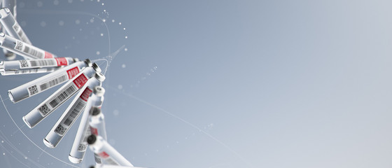 COVID-19 vaccine vials in dna formation, cure research abstract 3d illustration, immunization and treatment from corona virus infection, novel coronavirus disease 2019,nCoV 2019 from Wuhan