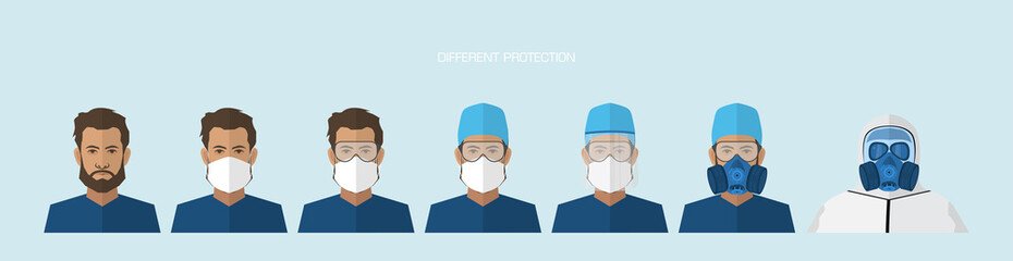 Set of doctors with different protection against the virus. The fight against coronovirus. Coronavirus (2019-nCoV). Virus Covid 19-NCP.