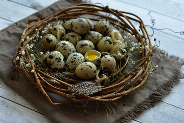 Easter wreath of grape branches, gypsophila, quail feathers and eggs on a brown linen napkin. Copy space for greeting text, Happy Easter card, top view.