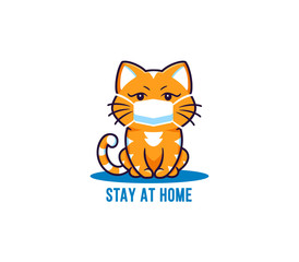 A little cat, logo with text Stay at home for Coronavirus epidemic. Funny kitty cartoon character