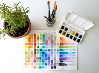 Colorful watercolor learning set on a white table, top view
