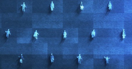 Zoom on minature people with glitch and RGB noise. Concept for monitoring people on pandemic COVID-19 social distancing issue. Recognize and tracking people on social network GPS. Privacy leak - Powered by Adobe
