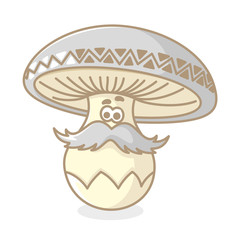 cartoon mushroom champignon with big mustache on a white background. Isolated object. Vector illustration