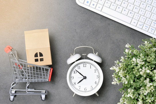 Online shopping Concept. Top view of shopping cart with keyboard for Online shopping. Delivery online shopping. 5