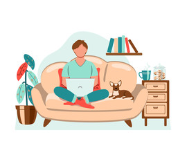 Obraz premium Young man, student or freelancer, working at home sitting on a sofa. Home office or online studying concept. People at home in self quarantine. Vector illustration drawing in flat style