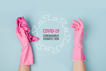Man in protective gloves holds a warning poster. The epidemic of coronavirus covind-19 2019-ncov. Quarantine, Stay Home, Working From Home.