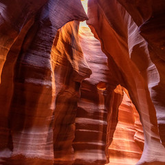 Beautiful view of amazing sandstone formations in famous Antelope Canyon on a sunny day near town Page. Arizona, USA
