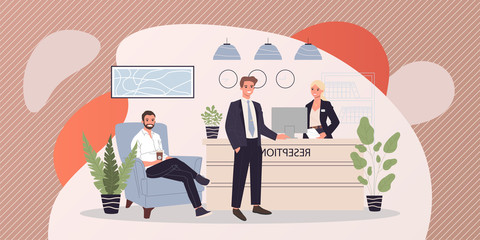 Office reception vector illustration. Customer talking to receptionist at counter in hallway. Hotel guest consulting manager behind desk in lobby