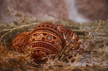 easter wooden eggs with traditional ornament