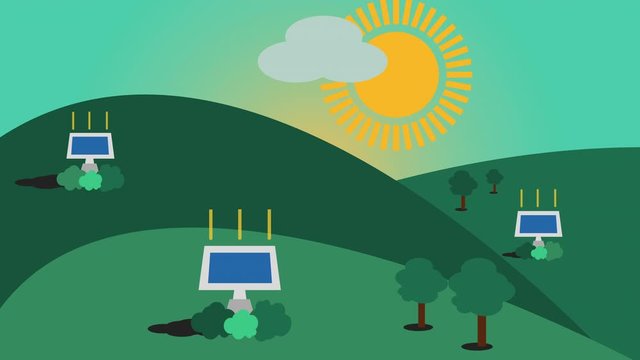 Solar power animation with glowing photo voltaic cells and looping clouds