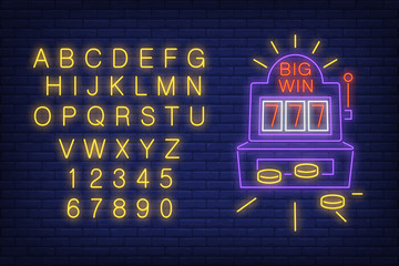 Big win neon sign. Neon light alphabet and numbers set. Slot machine with coins. Night bright advertisement. Illustration in neon style for success and luck