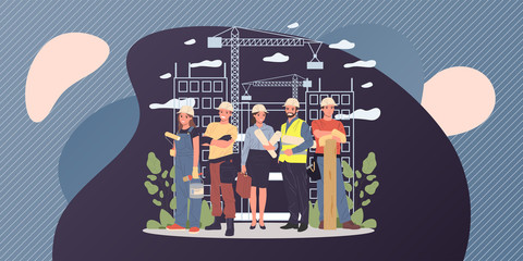 Builders, architect, engineer, foreman standing together. Positive professional team in hardhats with blueprints and tools working on construction site. Building works, job concept