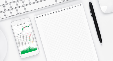 Office desk table with computer, supplies and coffee cup