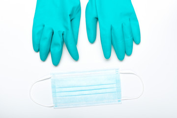 Medical mask and gloves for surgery or dentistry. To protect against pathogens and contagious diseases.