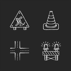 Road works chalk white icons set on black background. Construction ahead sign. Traffic cone. Crossroads, path intersection. Siren on barrier. Isolated vector chalkboard illustrations