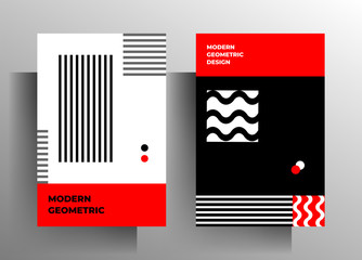 Cover design template set. Minimalistic geometric black, red and white pattern. Vector 10 EPS.