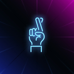 Good luck neon sign. Glowing hand with two fingers crossed on brick wall background. Vector illustration can be used for gesturing, communication, chatting