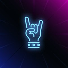 Rock neon sign. Glowing hand with two fingers in rock gesture on brick wall background. Vector illustration can be used for gesturing, communication, chatting