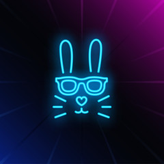 Rabbit neon sign. Easter bunny face in sunglasses with heart shaped nose on brick wall background. Vector illustration in neon style for topics like spring, Easter, celebration