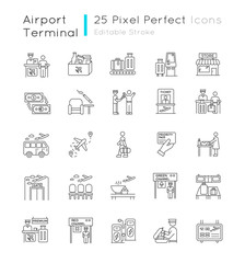 Airport terminal pixel perfect linear icons set. Boarding pass. Flight information. Smoking area. Customizable thin line contour symbols. Isolated vector outline illustrations. Editable stroke