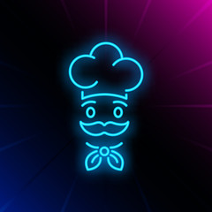Face of chief cook in hat neon sign. Cooking, catering service, restaurant advertising design. Night bright neon sign, colorful billboard, light banner. Vector illustration in neon style.