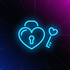Perfect match neon sign. Heart shaped lock and key on brick wall background. Vector illustration in neon style for topics like Valentines day, love, wedding