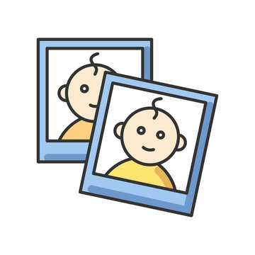 Baby photo report for parents RGB color icon. Instant photos of infant child. Little kid smiling on images. Pictures with border of newborn for parents. Isolated vector illustration