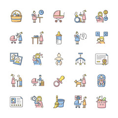Babysitter service RGB color icons set. Child care and day care. Help with kids. Full and part time nanny for newborn. Motherhood, parenthood. Pacifier for baby. Isolated vector illustrations