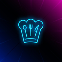 Chief cook hat with cutlery picture neon sign. Cooking, catering service, restaurant advertising design. Night bright neon sign, colorful billboard, light banner. Vector illustration in neon style.