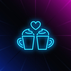 Two cappuccino cups neon sign. Glowing neon purple and pink mugs with red heart on brick wall background. Vector illustration can be used for romantic, love, dinner, dating