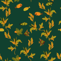Seamless vector pattern with thin black twigs and fish on a bright pink background.