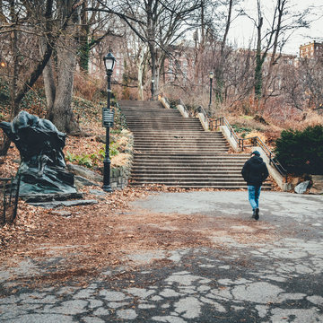 Man Walking Towards Morningside Park Stairs, Manhattan. 