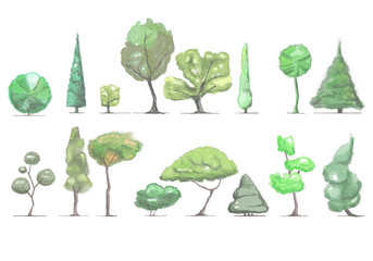 Architectural watercolor tree sketch set