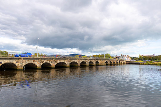 Bridge over the river.  Avoca estuary and the Nineteen Arches bridge. Arklow. Ireland