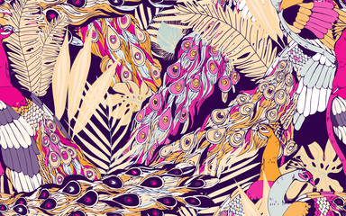 Seamless pattern with large blue-green peacock tails and leaves of tropical palm trees.