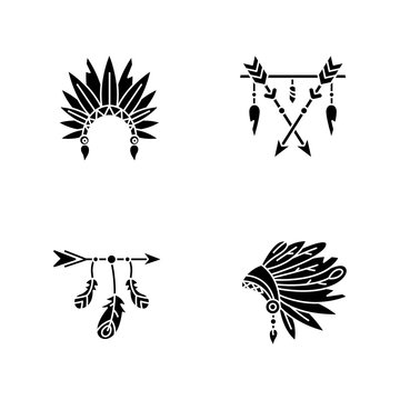 Native american indian hat and amulet black glyph icons set on white space. Boho style charm with arrows and teeth. Ethnic accessories. Silhouette symbols. Vector isolated illustration