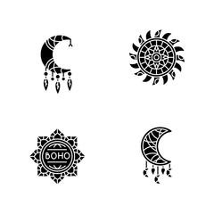 Boho style accessories black glyph icons set on white space. Esoteric amulets. Lotus flower, Indian mandala. Crescent moon shape amulets. Silhouette symbols. Vector isolated illustration