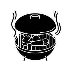 Grilling black glyph icon. Barbecue preparation process, cooking food on heated grid. Culinary method, picnic silhouette symbol on white space. Roasted vegetables and meat vector isolated illustration