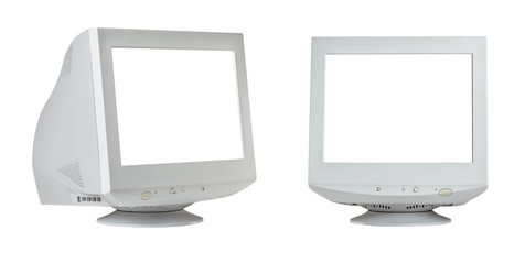 Old retro CRT monitor display with blank white screen isolated on white background.