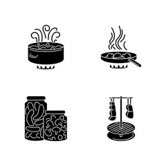 Culinary techniques black glyph icons set on white space. Different food preparation methods, cooking process silhouette symbols. Boiling, frying, canning and smocking vector isolated illustrations