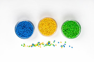 Polymeric dye. Plastic pellets. Colorant for plastics. Pigment in the granules.