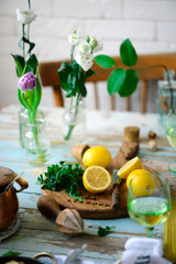 Pork picatta in copper bowl. style rustic