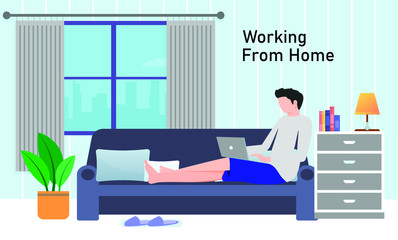 Freelance man working from home in comfortable conditions set vector flat illustration.
