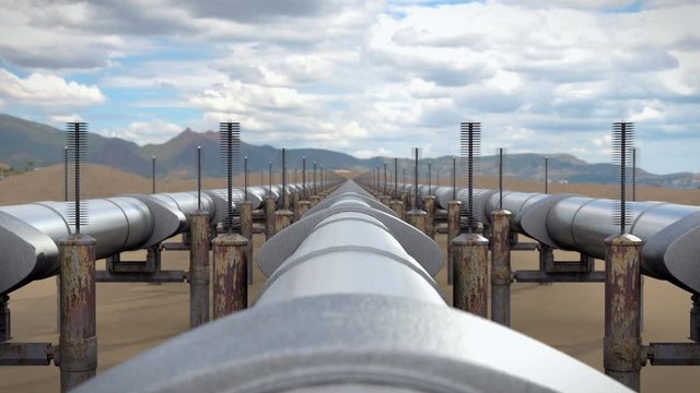 Industrial view above oil pipeline and natural gas pipelines. Animation shows the real oil stream and gas flow between refinery station. Fuel transfer from oil productions to petrol manufacturing.