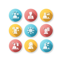 Remote jobs flat design long shadow glyph icons set. Technical and admin support, SEO and marketing. Photography and video editing, data entry jobs. Silhouette RGB color illustration