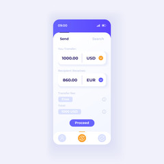 Money transfer application smartphone interface vector template. Mobile app page light theme design layout. Currency exchange screen. Flat UI for application. Financial operations phone display