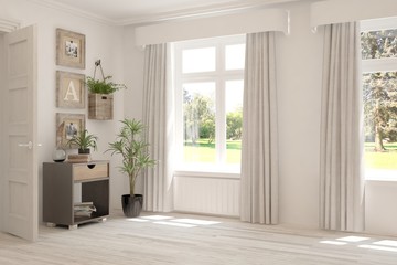 Stylish empty room in white color with summer landscape in window. Scandinavian interior design. 3D illustration