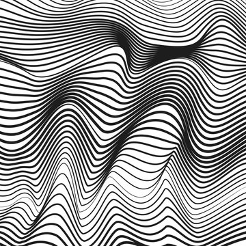 Techno waves. Black and white striped pattern. Line art design. Optical illusion. Vector squiggle thin curves. Deformed surface. Abstract monochrome background. Modern graphic. EPS10 illustration